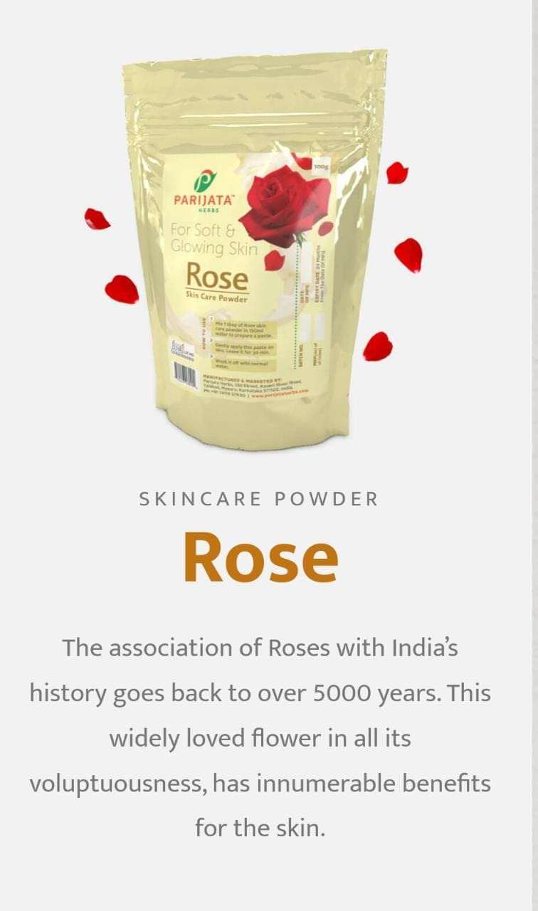 Parijata Herbs Rose Petal Powder packaging for natural glow and skin brightening.