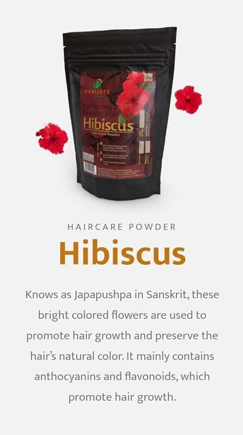 Parijata Herbs Hibiscus Powder for hair growth & care, black packaging with red hibiscus flowers.