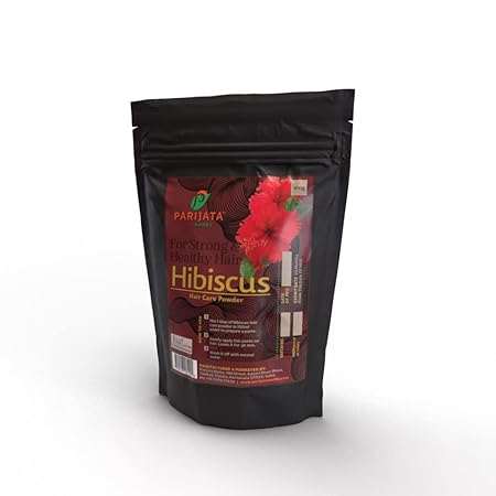 Parijata Herbs Hibiscus Powder for natural hair growth in a black packaging.