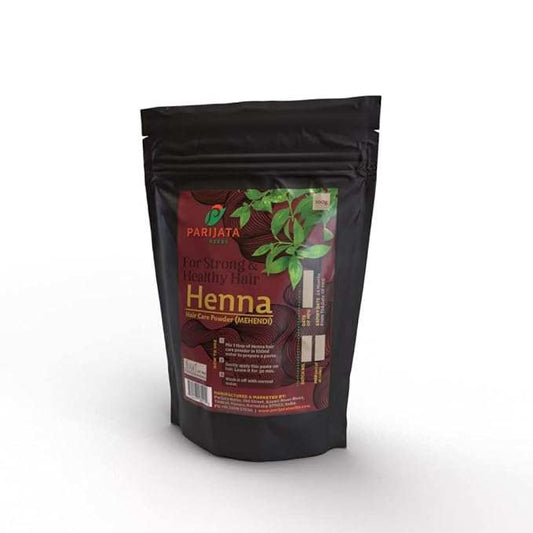 Parijata Herbs Henna Powder packaging for herbal hair color and nourishing care.