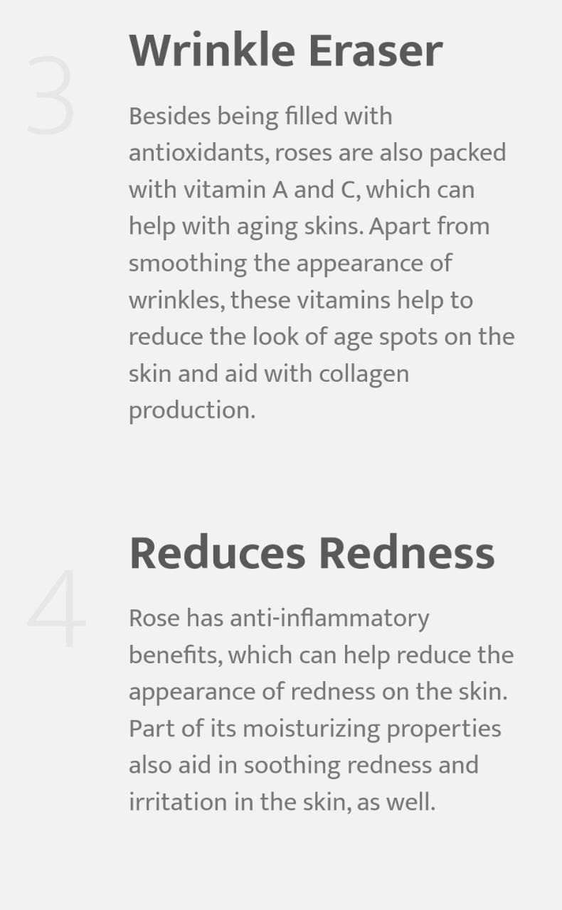 Parijata Herbs Rose Petal Powder benefits for wrinkle erasing and redness reduction.
