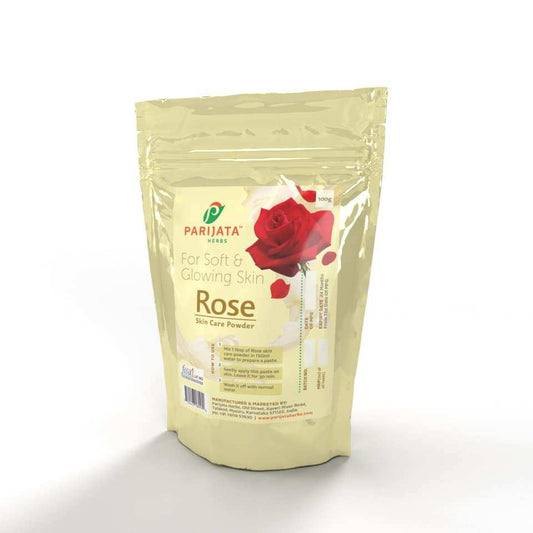 Parijata Herbs Rose Petal Powder packaging for natural glow and skin brightening.