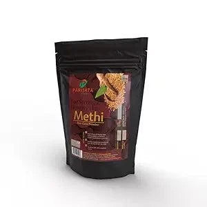 Parijata Herbs Methi Powder for hair growth and care in black packaging.