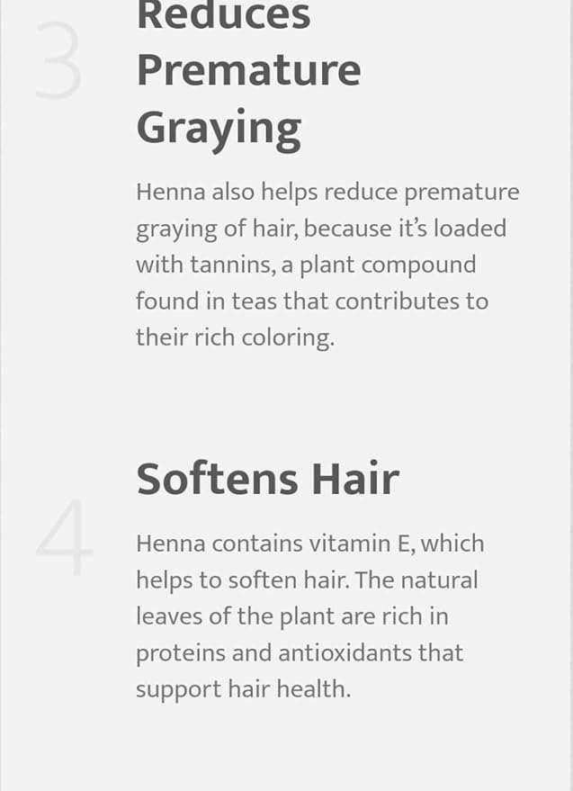 Herbal hair color benefits; reduces premature graying, softens hair with vitamin E.