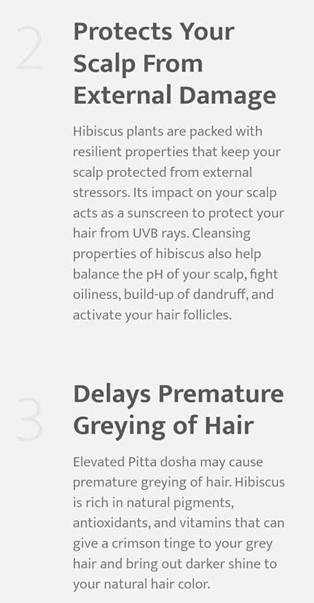 Parijata Herbs Hibiscus Powder benefits for scalp health and hair greying prevention.