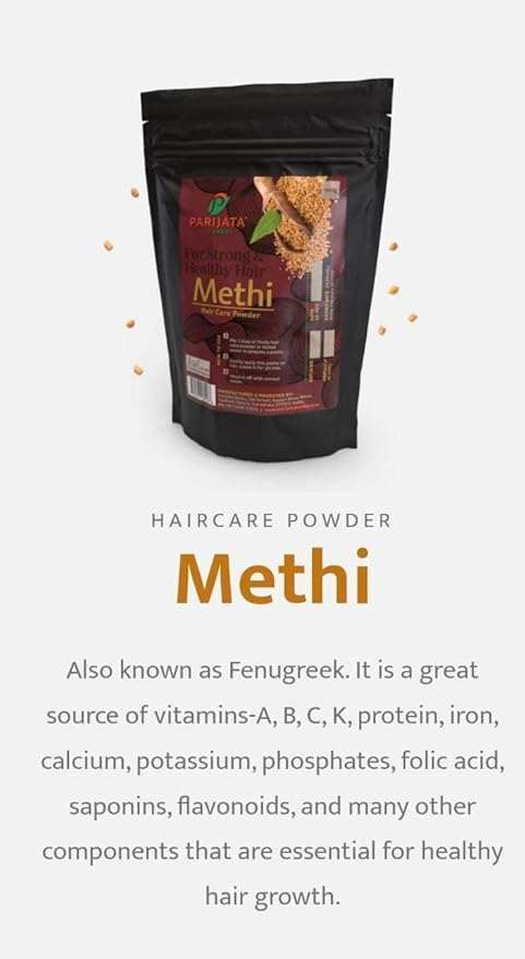 Parijata Herbs Methi Powder bag for hair growth and care.