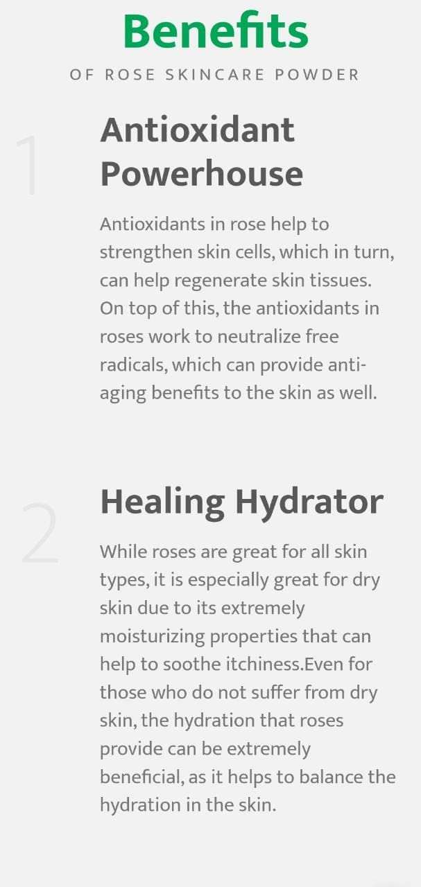 Parijata Herbs Rose Petal Powder benefits include antioxidant properties and skin hydration.