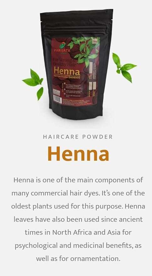 Parijata Herbs Henna Powder packaging for herbal hair color and nourishing care.