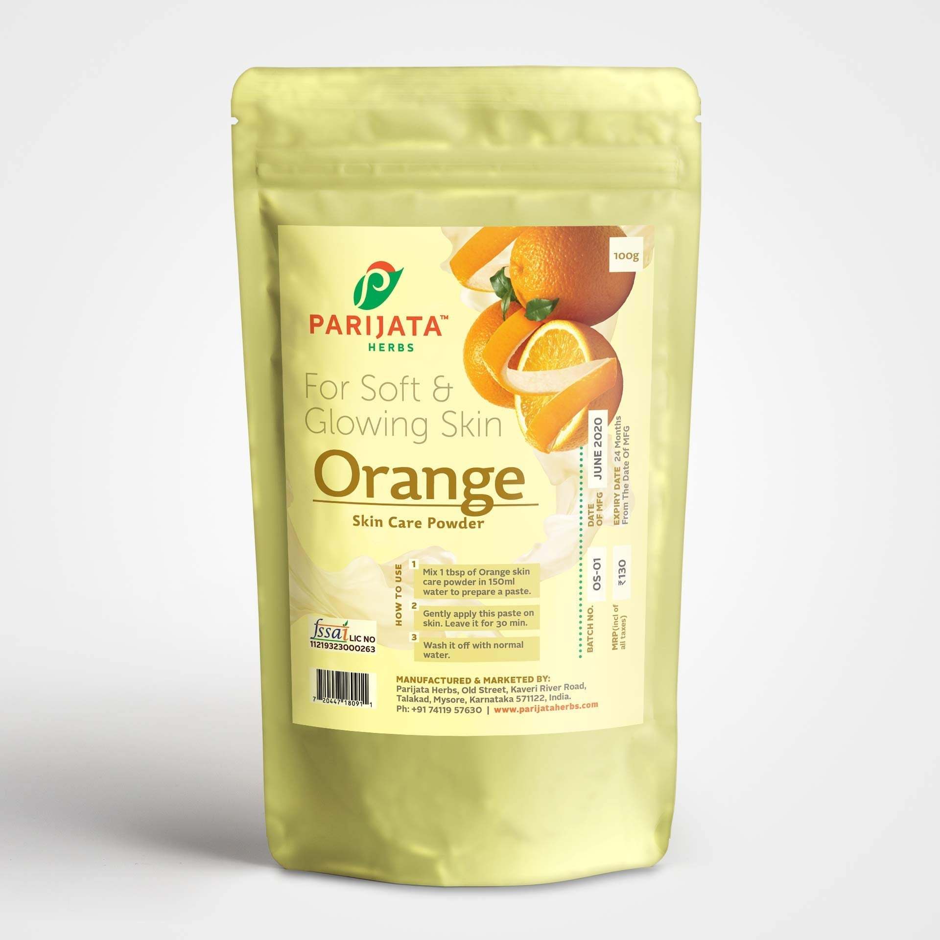 Parijata Herbs Orange Peel Powder packaging for skin brightening.