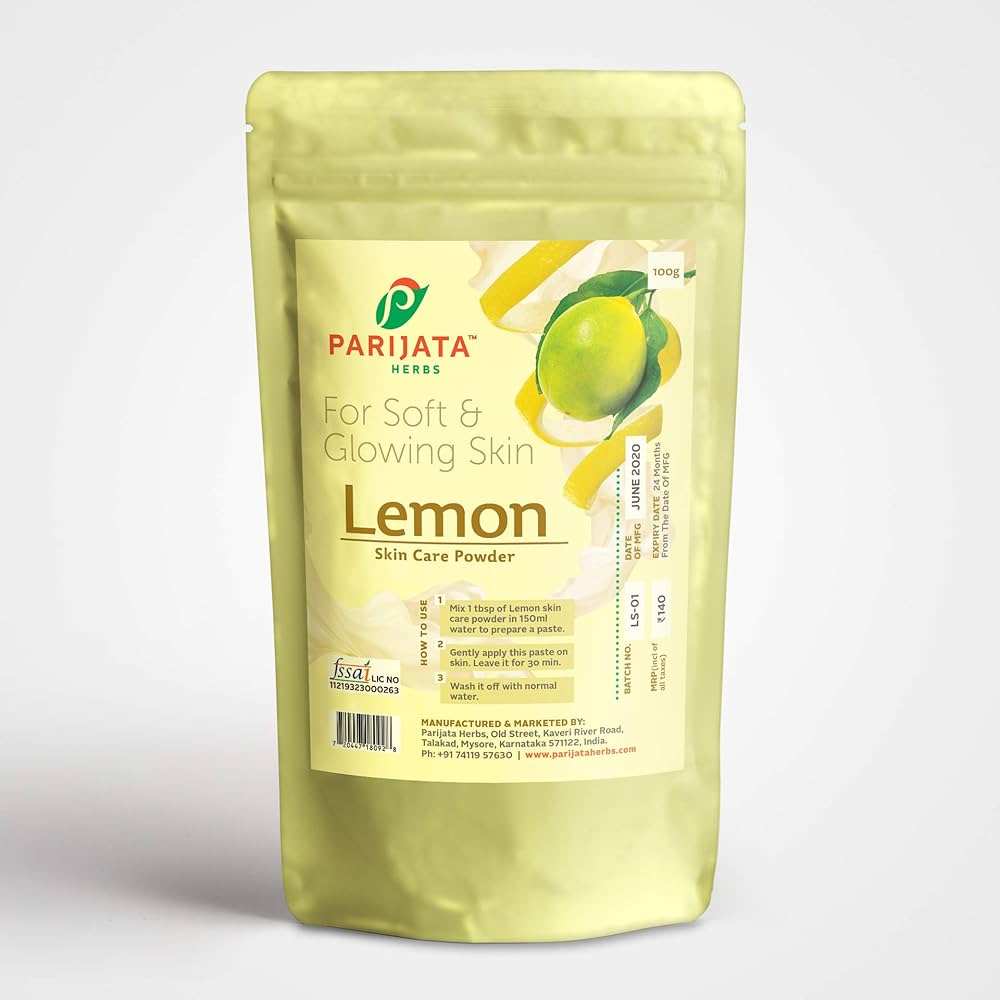 Parijata Herbs Lemon Peel Powder for skin brightening and care packaging.