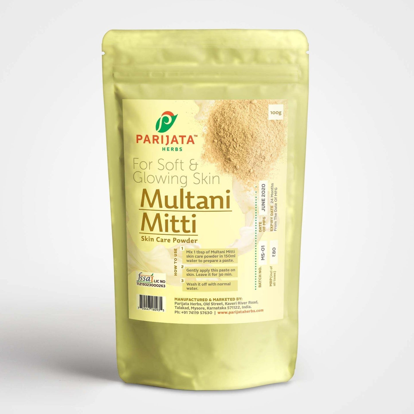 Parijata Herbs Multani Mitti Powder package for hair cleansing and detox.