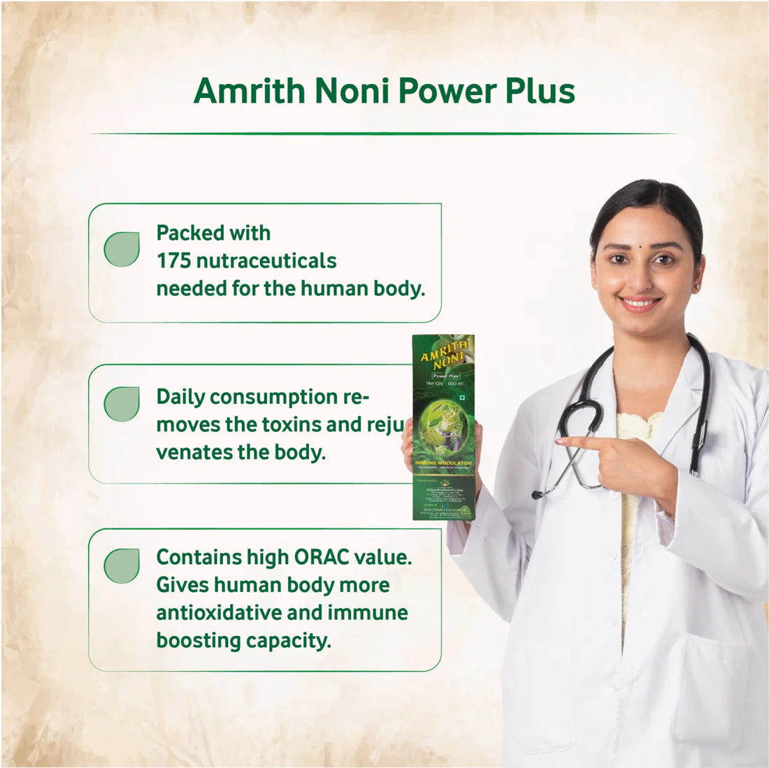AMRITH NONI POWER PLUS 500ml Bottle – Front View
