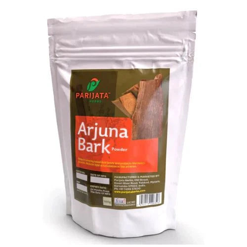 Parijata Herbs Arjun Bark Powder packaging for heart wellness support.