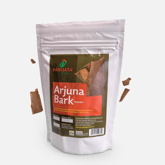 Parijata Herbs Arjun Bark Powder packaging for heart wellness support.