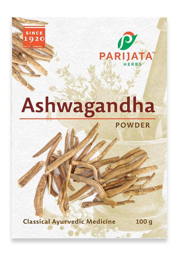 Parijata Herbs Ashwagandha Powder for Hair Growth packaging.