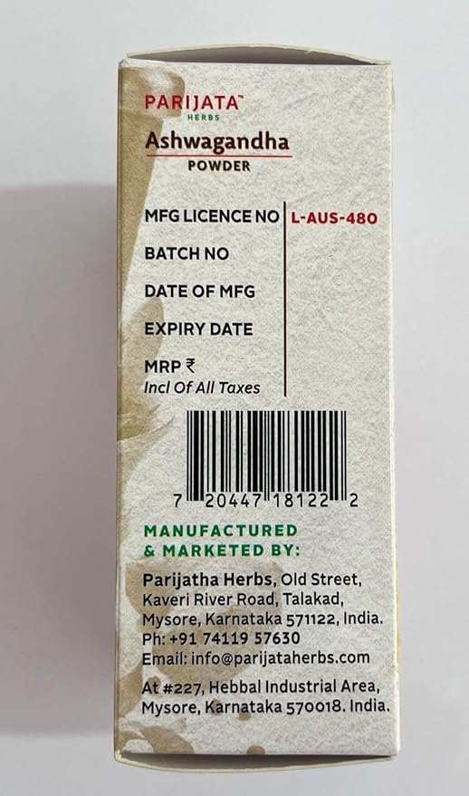 Parijata Herbs Ashwagandha Powder packaging with product details for natural hair growth.