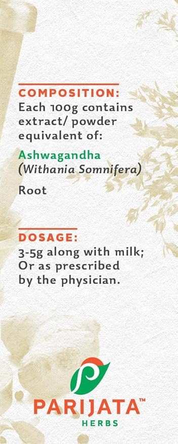 Parijata Herbs Ashwagandha Powder packaging details and composition.