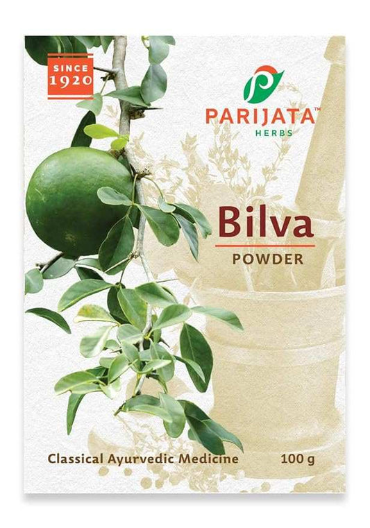 Parijata Herbs Bilva Leaf Powder packaging, 100g Ayurvedic detox and digestion support.