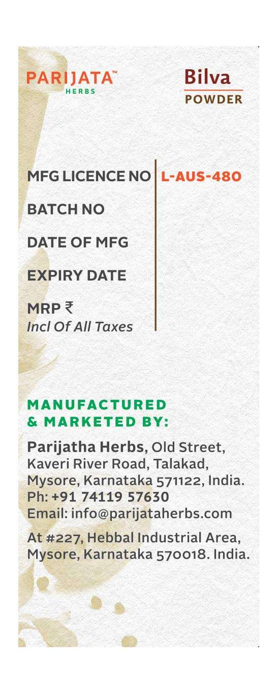 Parijata Herbs Bilva Leaf Powder packaging with manufacturer details.
