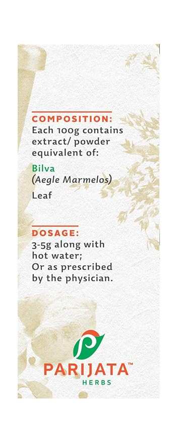 Parijata Herbs Bilva Leaf Powder packaging detailing composition and dosage instructions.