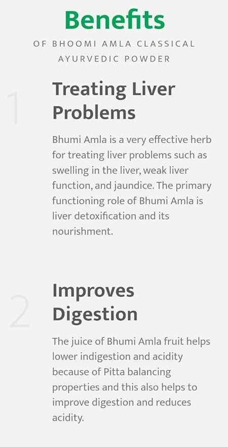 Benefits of Parijata Herbs Bhumi Amla/Nelanelli Powder for liver detox and digestion improvement.