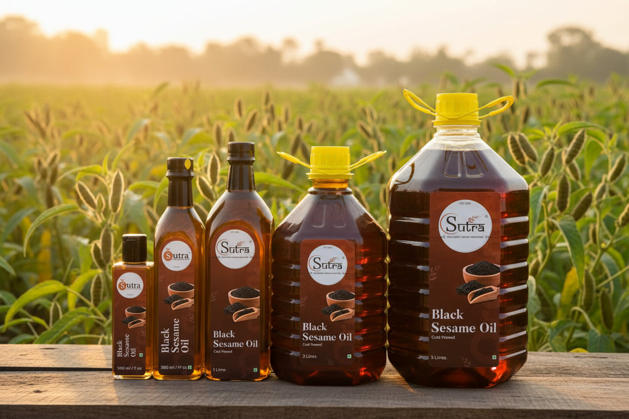 Collection of Sutra Black Sesame Oil bottles of all the volumes under 1 frame