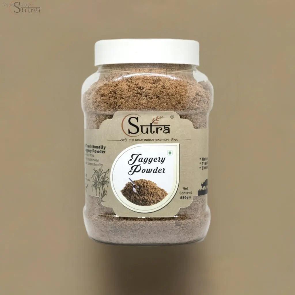 Delicious Natural Jaggery Powder jar for healthy sweetening, natural and unrefined organic product.