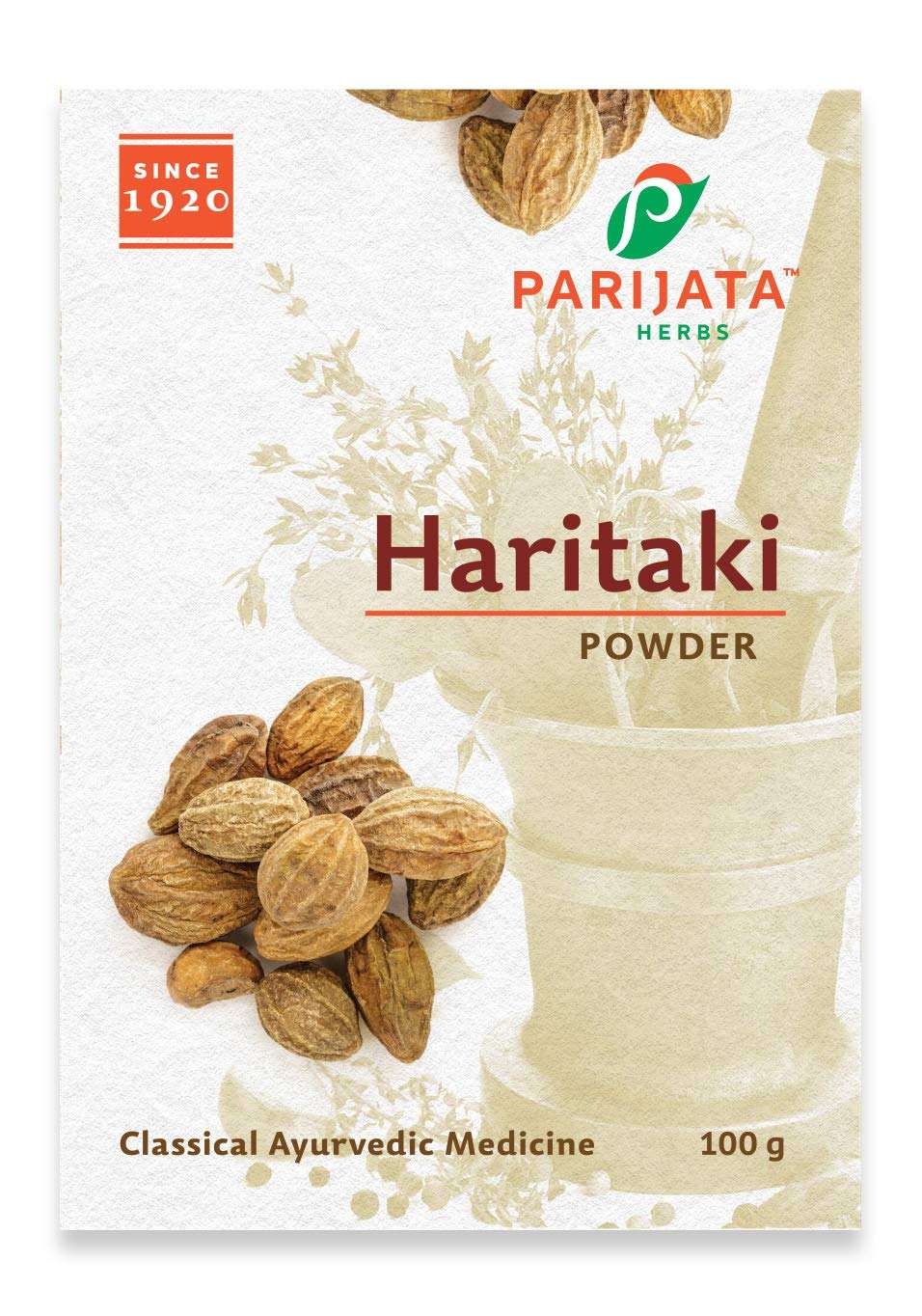 Parijata Herbs Haritaki Powder packaging with natural digestive and detox support.