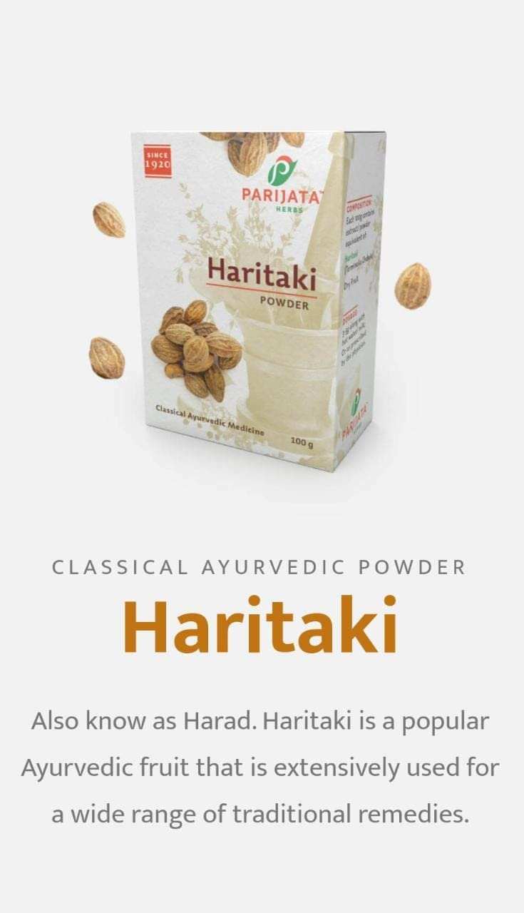 Parijata Herbs Haritaki Powder packaging with Ayurvedic benefits.