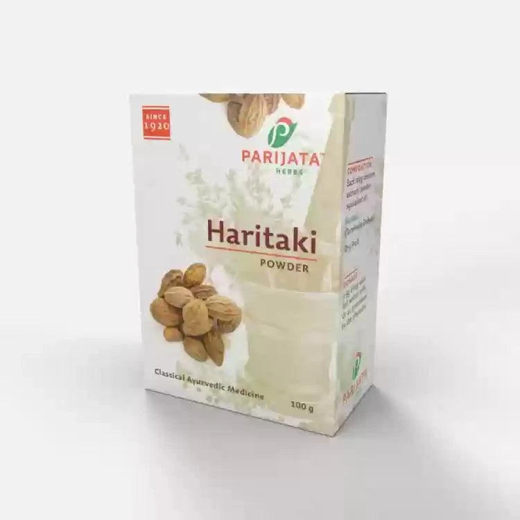 Parijata Herbs Haritaki Powder packaging, natural digestive and detox support.