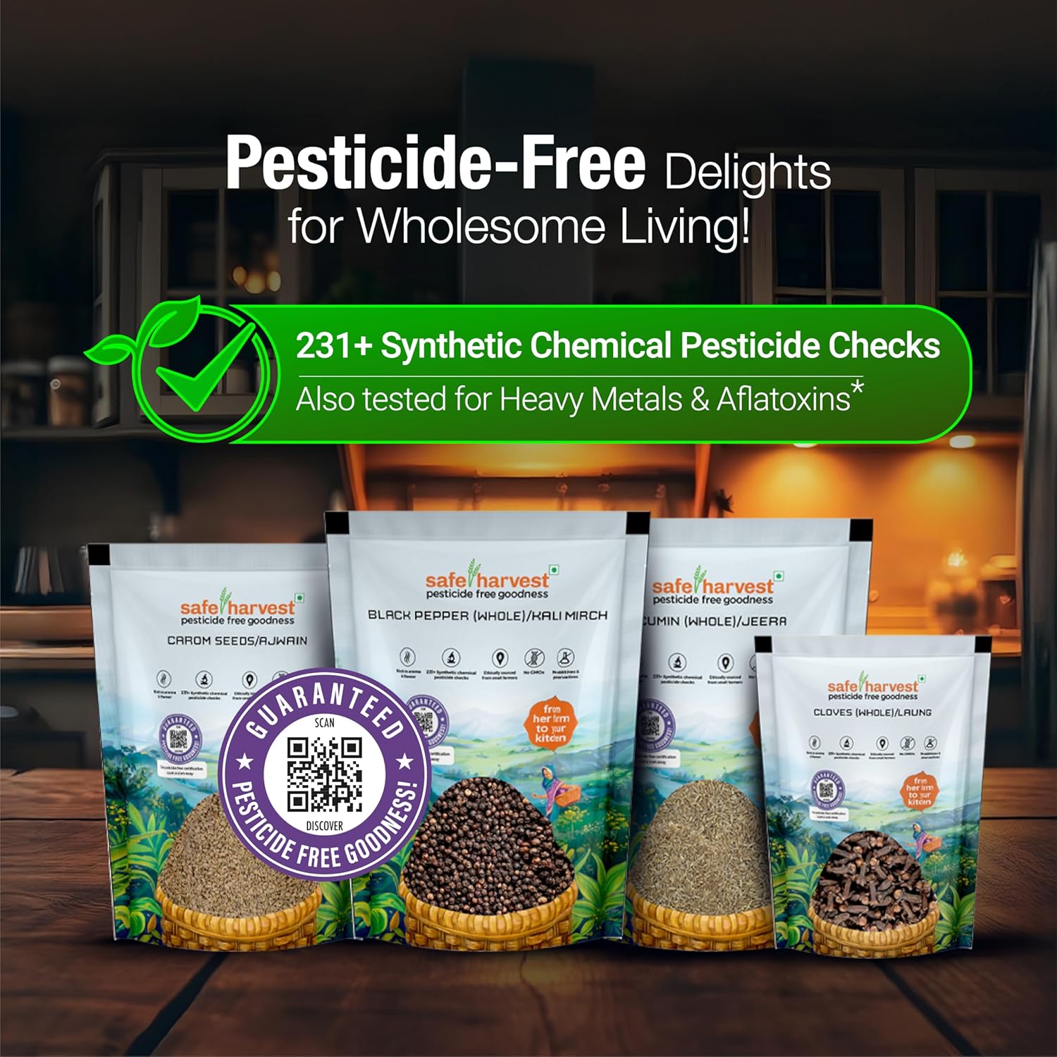 Hand holding Safe Harvest ajwain pouch with visible ingredients label