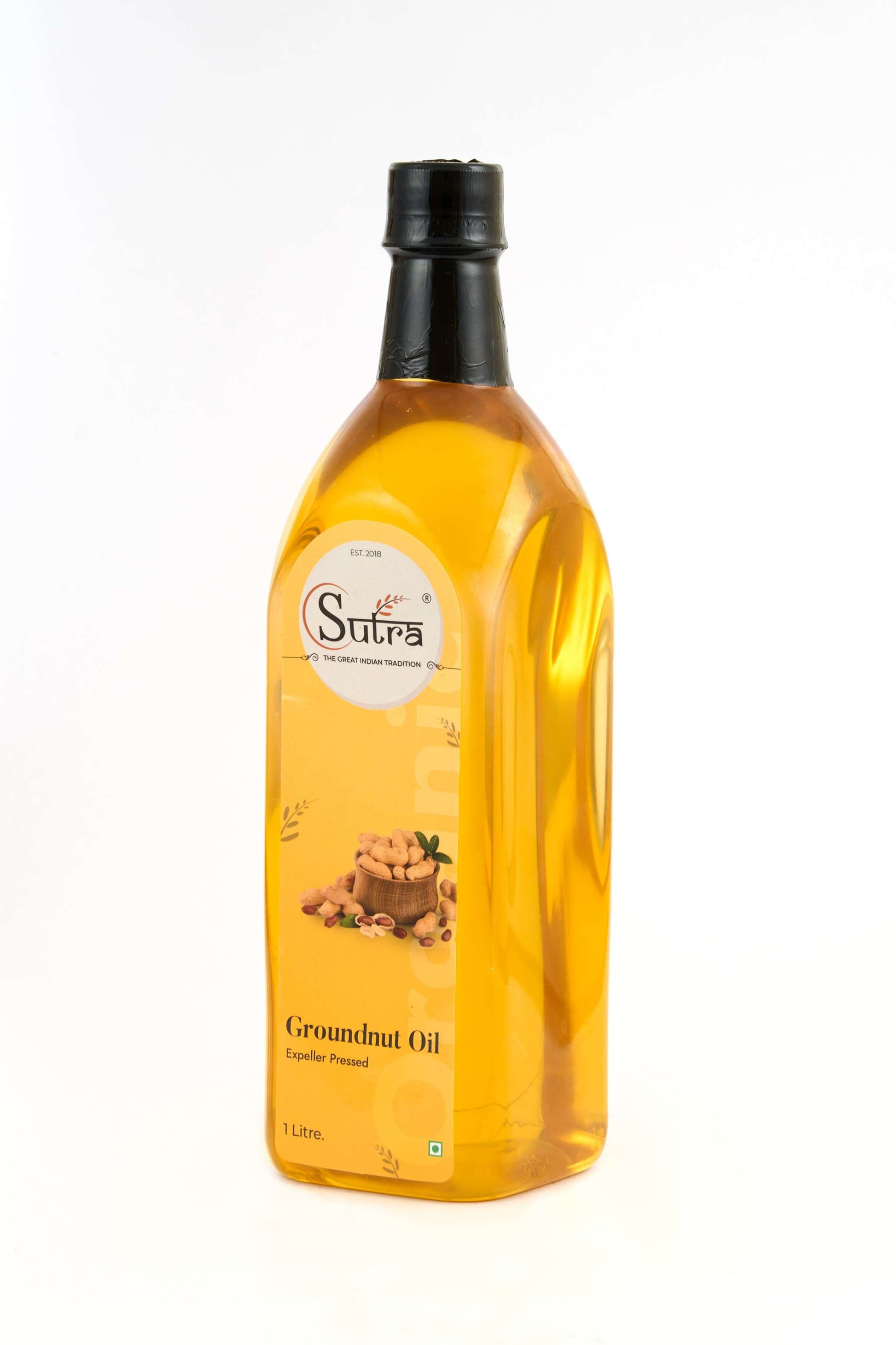 Premium quality 1-litre bottle of hot pressed groundnut oil from Sutrakart, made from A1 grade peanuts. Ideal for cooking, sautéing, and frying