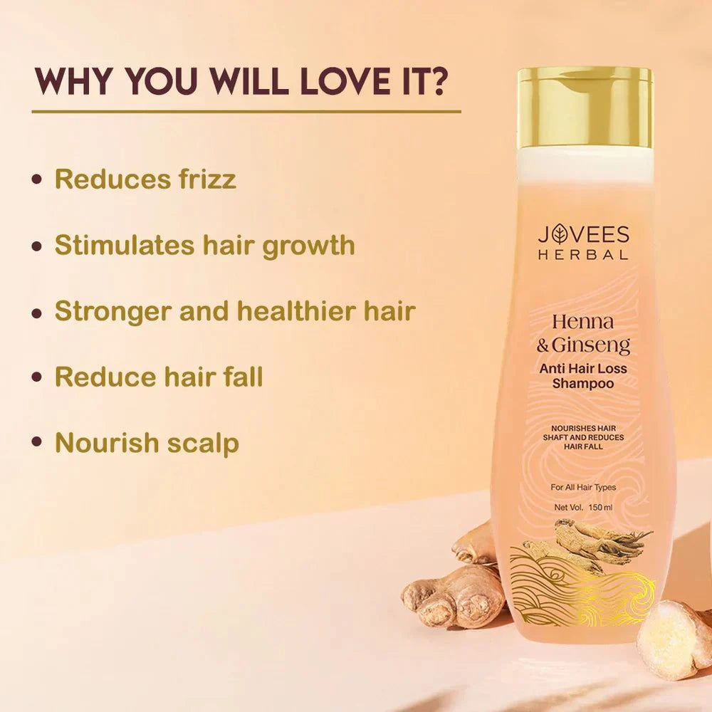 Jovees Henna & Ginseng Anti Hair Loss Shampoo bottle with benefits highlighted, including frizz reduction and hair strength.