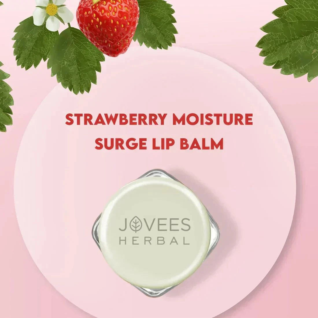 Jovees Strawberry Lip Balm packaging with strawberry and leaves, providing hydration and softness for lips.