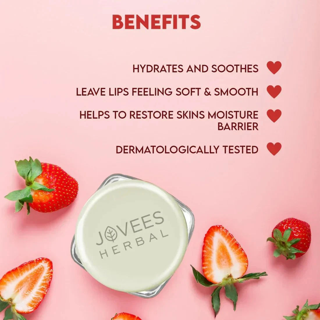 Jovees Strawberry Moisture Surge Lip Balm with hydrating and soothing benefits, featuring natural strawberry extract, ideal for soft, smooth lips.