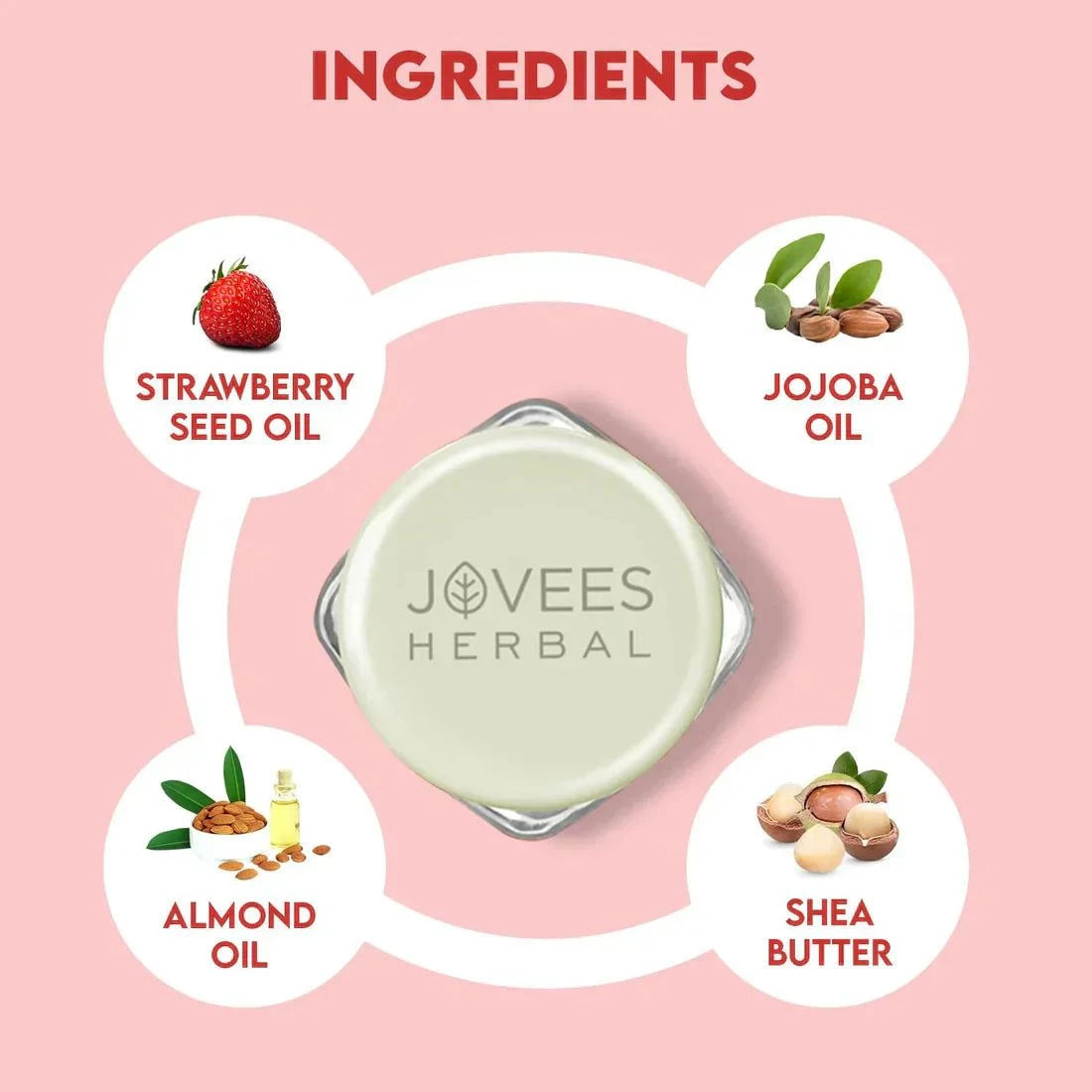 Jovees Strawberry Moisture Surge Lip Balm with natural ingredients, including strawberry seed oil, jojoba oil, almond oil, and shea butter.