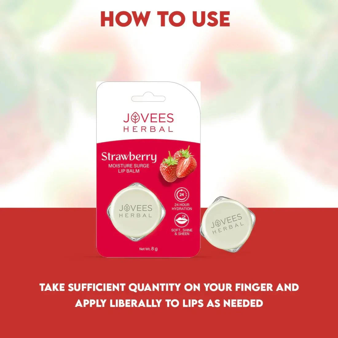 Jovees Strawberry Moisture Surge Lip Balm packaging with instructions.