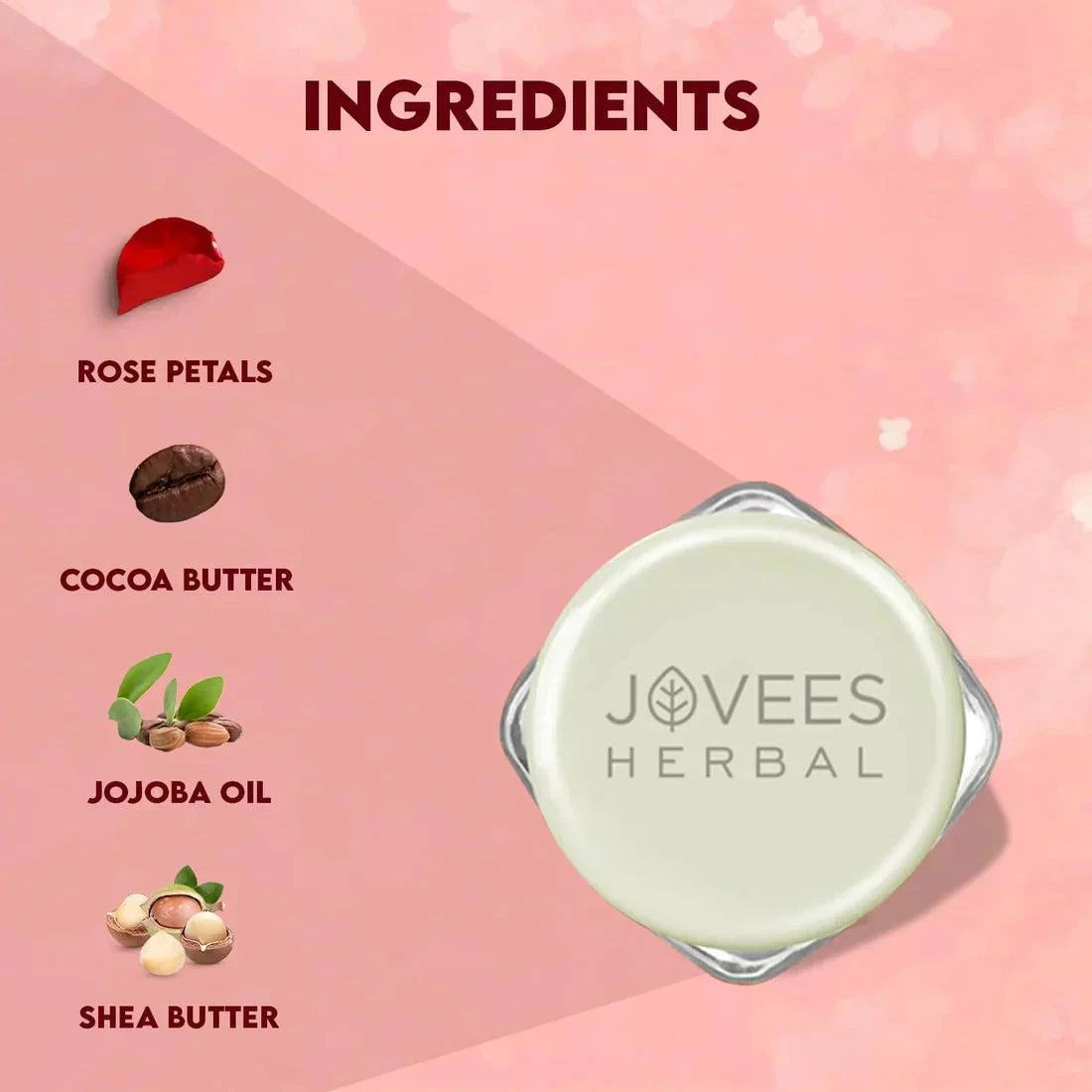 Jovees Sugar & Rose Petal Lip Balm with rose petals, cocoa butter, jojoba oil, and shea butter ingredients.