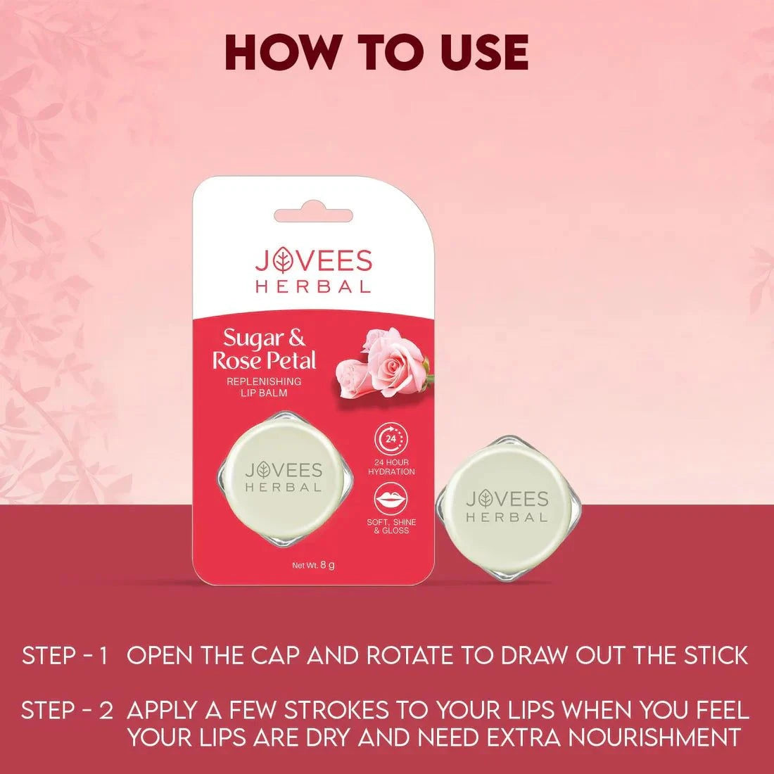 Jovees Sugar & Rose Petal Replenishing Lip Balm packaging with application instructions.