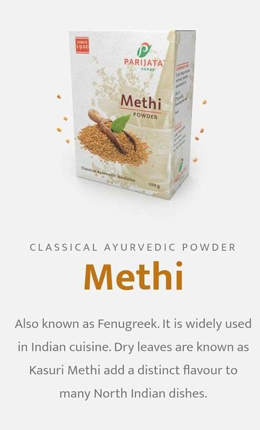 Parijata Herbs Methi Powder packaging for natural digestive and hair growth support.
