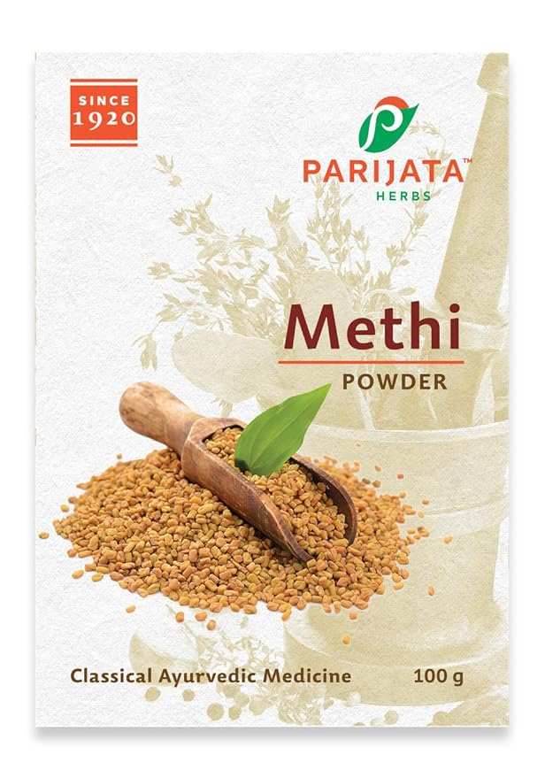Parijata Herbs Methi Powder for natural digestive and hair growth support, 100g.