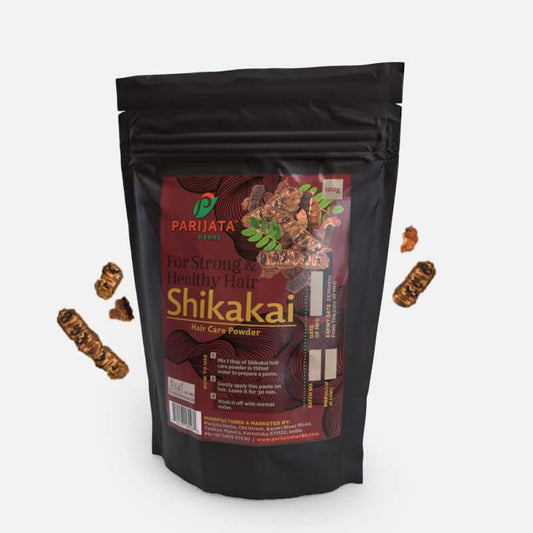 Parijata Herbs Shikakai Powder packaging for herbal hair cleanser and growth booster.