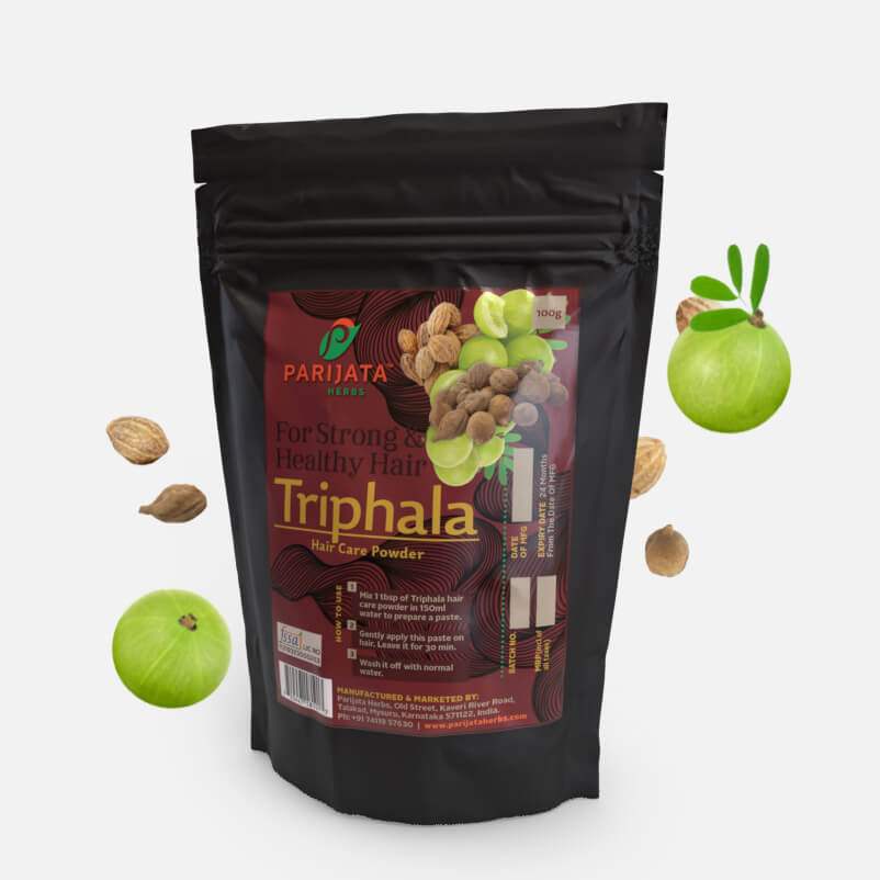 Triphala Haircare Powder packaging for natural hair growth.