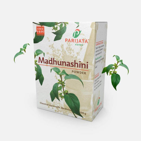 Parijata Herbs Madunashini /Gymnema/Gurmar Powder packaging for sugar control and health.