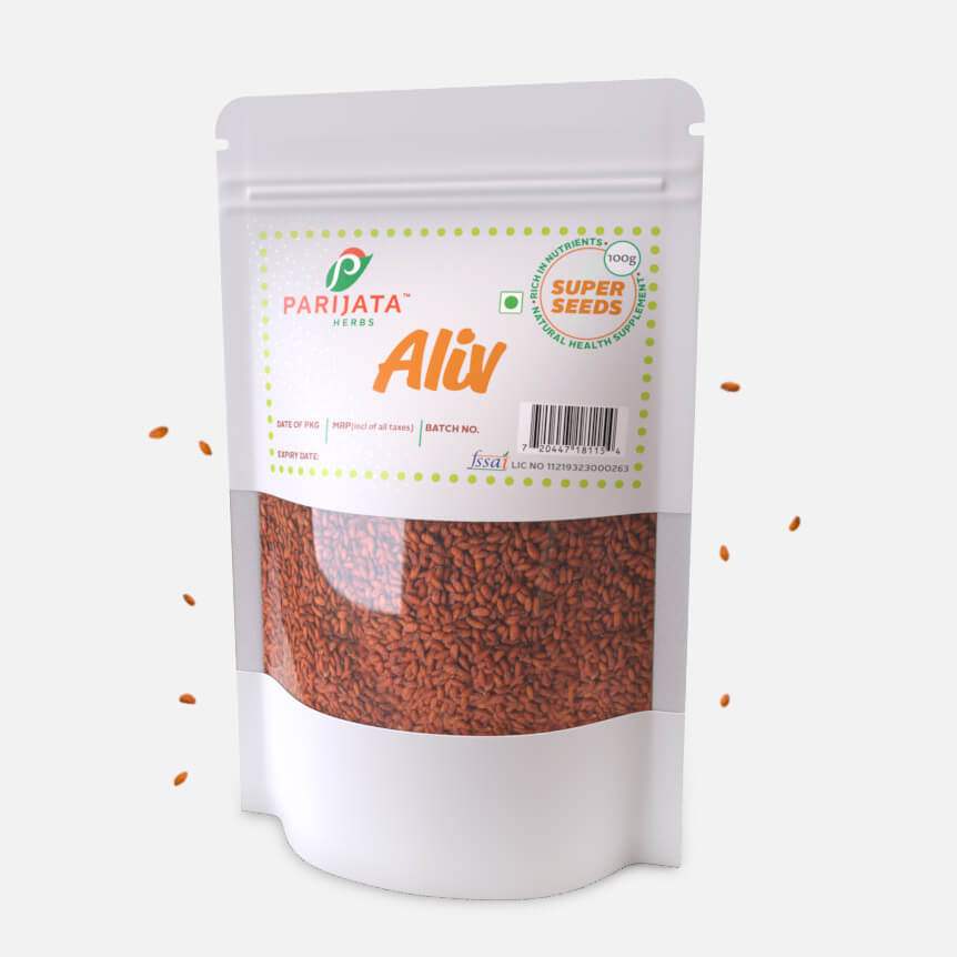 Parijata Herbs Alvi Seeds, natural digestive aid and immunity booster packaging.