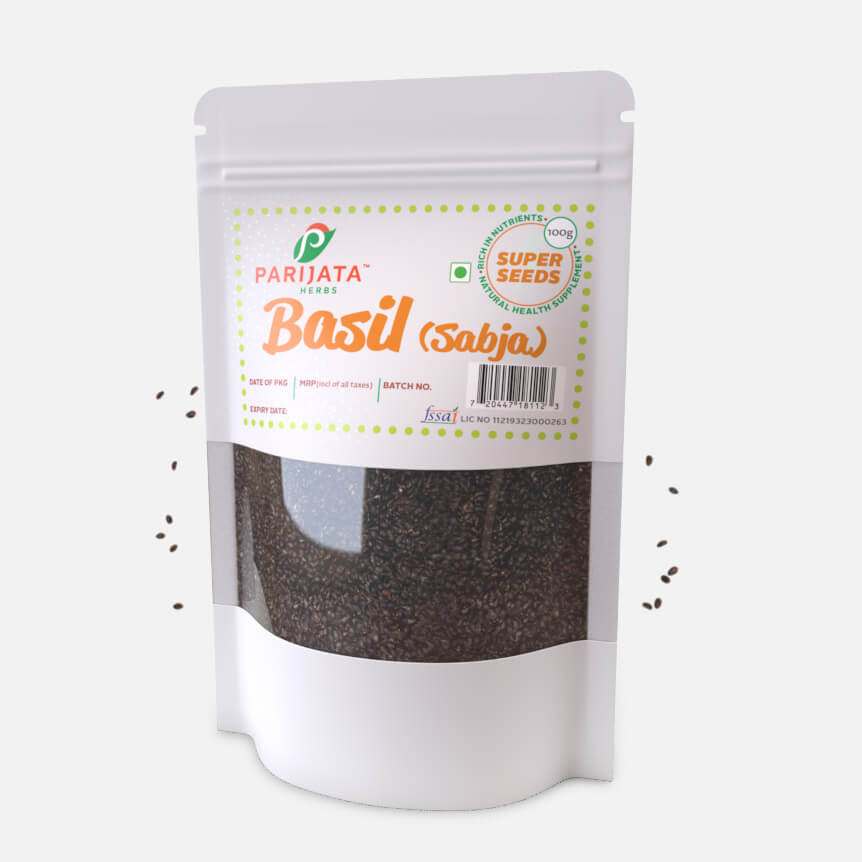 Parijata Herbs Basil Seeds for Digestion, Weight Loss & Wellness in a resealable package.