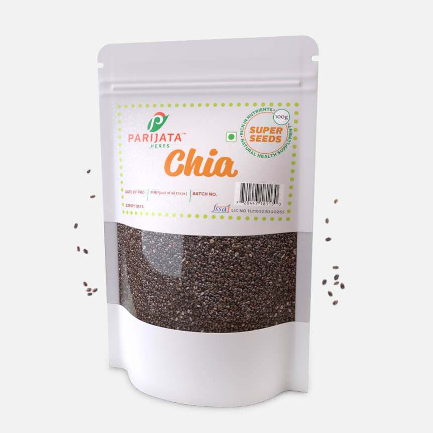 Parijata Herbs Chia Seeds packaging, rich in Omega-3 and fiber for heart and gut health.
