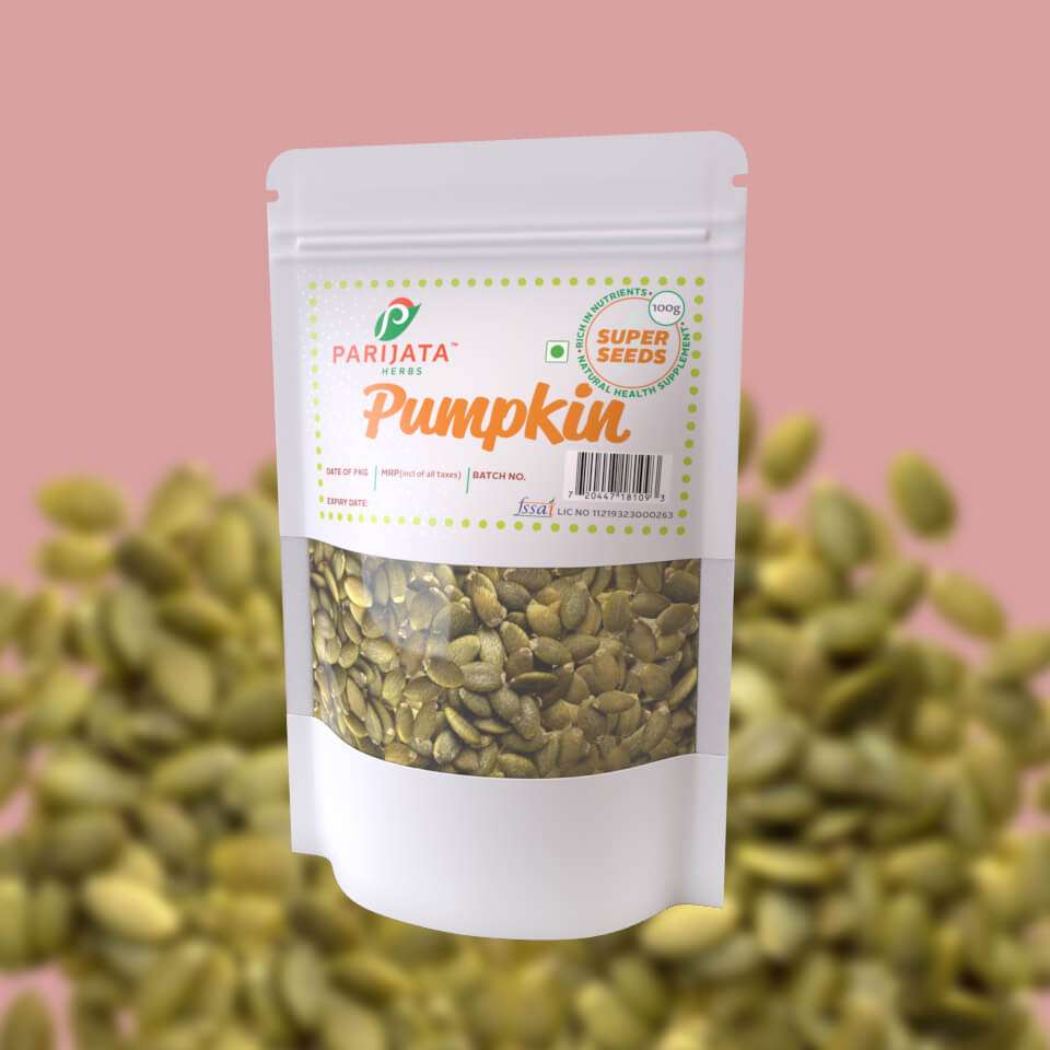 Parijata Herbs Pumpkin Seeds pack, nutrient-rich superfood.