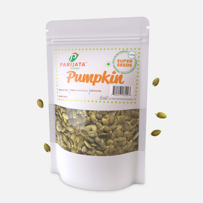 Parijata Herbs Pumpkin Seeds package, nutrient-rich superfood.