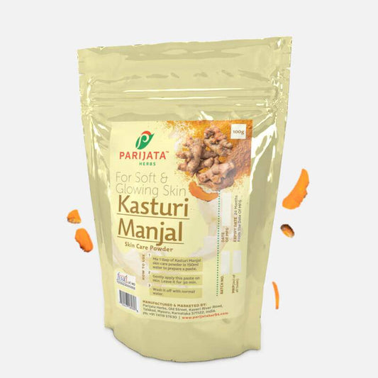 Parijata Herbs Kasturi Manjal Wild Turmeric Powder packaging for clear skin.